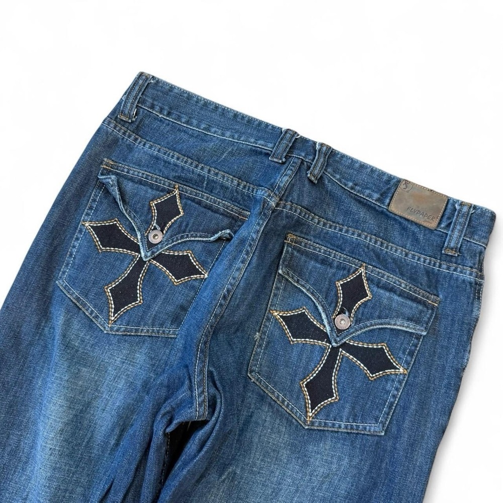Vintage Flypaper Cross Embroidered Baggy Blue Jeans Men's Size 36x32 Grunge Y2K